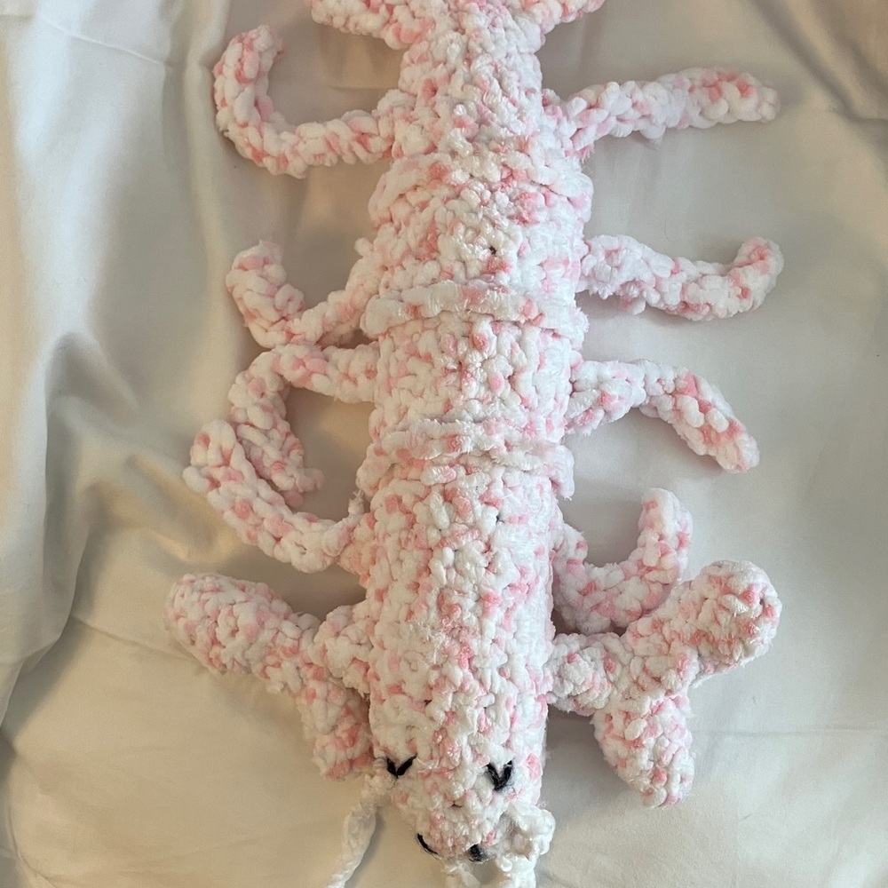 Hand crocheted Pink and White Plush Lobster Toy. New